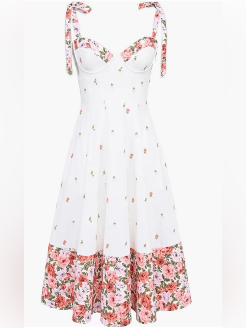 White Midi Dress with Pink Floral Trim and Tie Straps